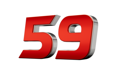 Metallic Red number 59 Fifty nine with a glossy finish and reflective silver edges. 3d illustration