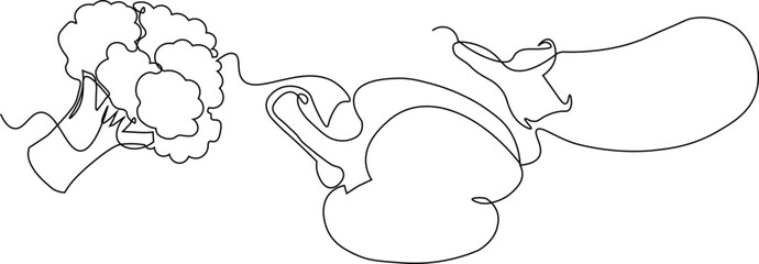 Vegetables One line set. Continuous one line drawing of broccoli, bell pepper and  an eggplant. Minimalist line drawing of different vegetables. vector illustration. 