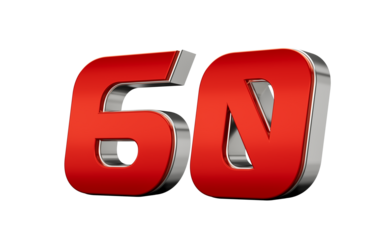 Metallic Red number 60 Sixty with a glossy finish and reflective silver edges. 3d illustration