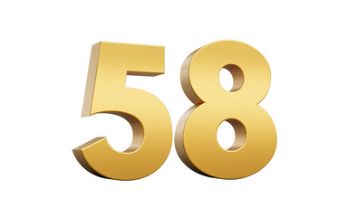 3D Golden number 58 Fifty eight with a shiny metallic finish and sharp edges, 3d illustration