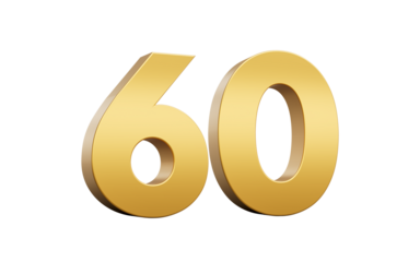 3D Golden number 60 Sixty with a shiny metallic finish and sharp edges, 3d illustration
