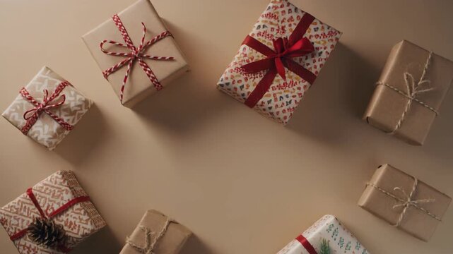 Elegant Overhead Flat Lay of Wrapped Christmas Gifts and Presents with Natural Decorations