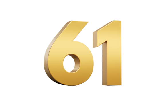 3D Golden number 61 Sixty one with a shiny metallic finish and sharp edges, 3d illustration