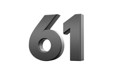 Sleek metallic Black number 61 Sixty one with a glossy surface. 3d illustration