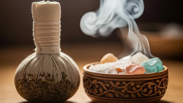 Closeup of a traditional herbal compress ball next to a steaming bowl of colorful aromatic bath salts or incense crystals, 4k video