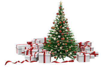 PNG. Trasparente. Albero di natale decorato e regali su sfondo Trasparente..