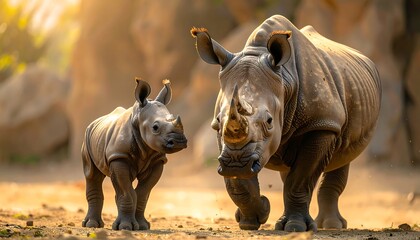 A rhinoceros mother and her calf walking in golden sunlight, dusty ground, and blurred foliage background