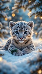 Cute snow leopard cub with blue eyes in snowy winter scene