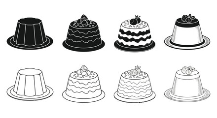 A collection of black and white dessert illustrations showcasing various cake designs