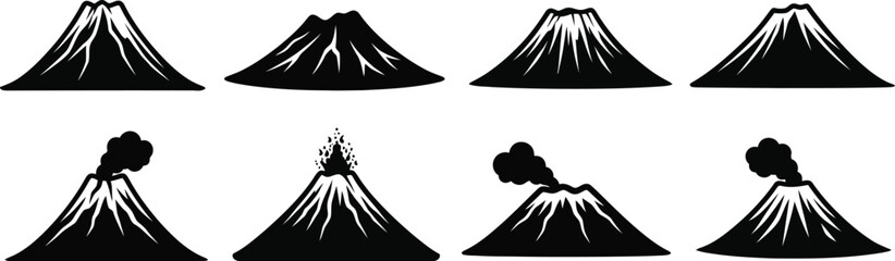 Simple black and white illustration of multiple volcano shapes and formations © SHM707k