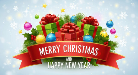 Festive Season's Greetings: Gift Boxes, Ornaments, and Winter Holiday Cheer for Merry Celebrations and Joyful New Year Wishes