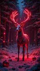 Enchanted Stag with Fiery Antlers in Winter Forest