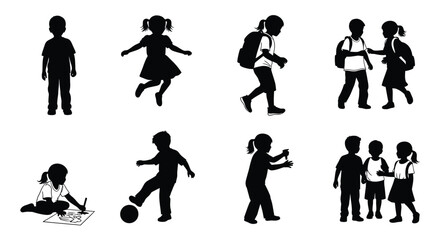 Children silhouettes playfully engaged in various activities depicting childhood joy