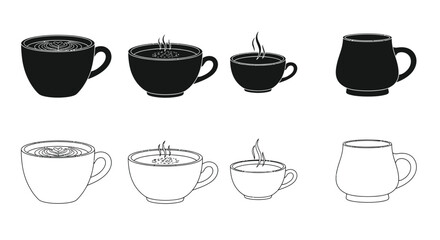 Black and white illustration of various coffee cups in different shapes