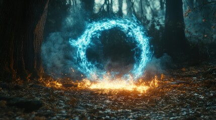 Obraz premium Mystical fire ring in dark forest; fantasy background
