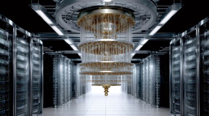 Futuristic quantum computer in high tech data center