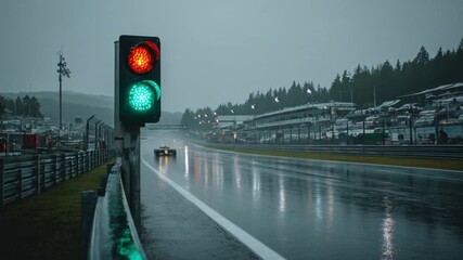 Rain-soaked race track, red and green light, distant car headlights, empty grandstands. and drizzle - Powered by Adobe