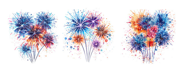 A vibrant collection of four stylized firework explosions showcasing colorful bursts with dynamic trails on transparent background