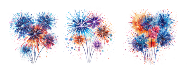 A vibrant collection of four stylized firework explosions showcasing colorful bursts with dynamic trails on transparent background