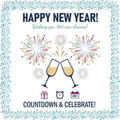 Happy New Year Celebration with Fireworks and Champagne Toast