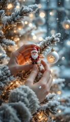 Hands decorating Christmas tree with Santa ornament and bauble
