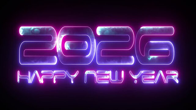 Happy new year 2026 animated glowing neon text animation. New year celebration backgrounds, perfect for new year greeting
