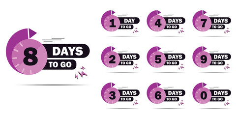 Countdown days to go banner. count time and days for sale banner, poster, lable, Nine, eight, seven six five four three two one zero days to go with purple and black color. Vector template 