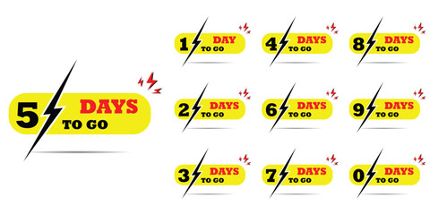 Countdown of days 1,2,3,4,5,6,7,8,9,10. The days to go badges. A countdown is going on, one day to go badge and label to calculate the date of work. Offer timer, sticker limited to a few days.