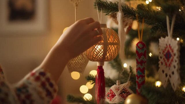 Close-up of a Beautiful Handcrafted Yarn Ornament with Lights on a Christmas Tree