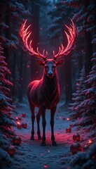 Majestic Stag with Glowing Antlers in Snowy Forest