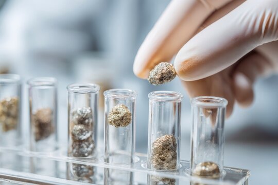 Closeup of metallic mineral samples placed in transparent test tubes, scientist hand with protective glove handling sample, concept of deep sea exploration, geology. - Powered by Adobe