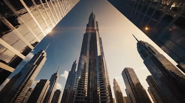 Architectural Marvel: Epic Skyscrapers Soaring Towards the Sun in Metropolis City - Powered by Adobe