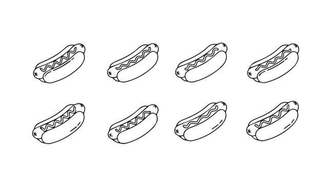 Hand-drawn sketch style hot dogs arranged in two rows for food photography or design vector