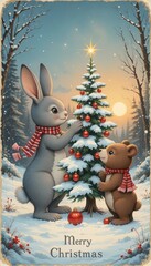 Rabbit and Bear Decorating a Christmas Tree in Snow