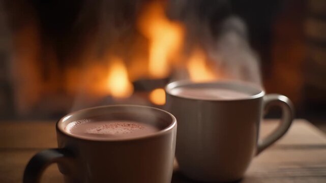 Steam from a cups with a hot cocoa on the fireplace background.