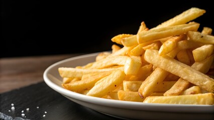Crispy golden finger fries piled on a plate on the right side, left side