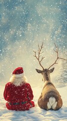 Santa Claus and reindeer sit in snowy forest watching snowfall