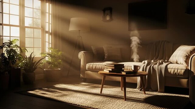 Cozy living room interior bathed in warm afternoon sunbeams streaming through a large window, highlighting dust motes and indoor plants, 4k video