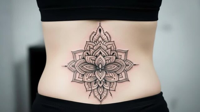 Timelapse of intricate mandala tattoo transformation on midriff from black to fully colored design