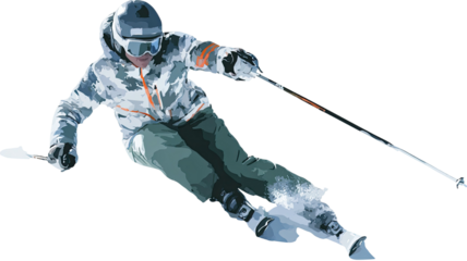Active skier in the cold winter snow jumps at speed on an alpine mountain slope, enjoying the extreme fun and action of the skiing sport season