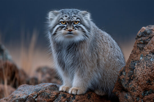 Realistic Pallas's cat sitting on a rock in the mountains