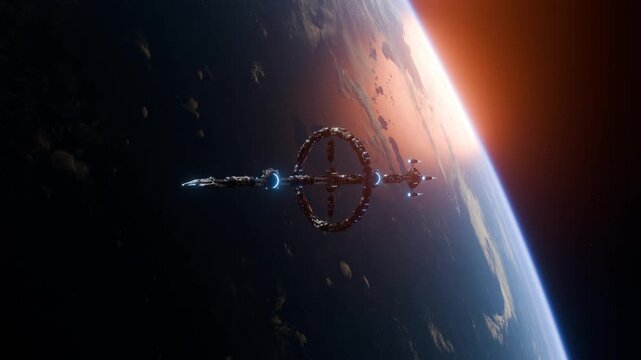 This futuristic sci-fi illustration shows a ring-shaped space station orbiting Earth, set against a dramatic sunrise glow that highlights the station&rsquo;s intricate mechanical structure 