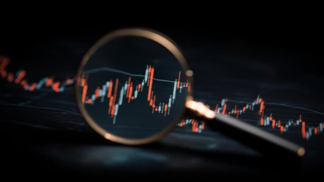 A magnifying glass focuses on a highly volatile stock chart, showing candlesticks, trend, and a pen