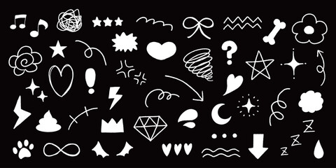 ポップで可愛いモノクロの落書きイラストの詰め合わせ。手書きアイコンのベクター素材セット