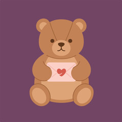 A cute brown teddy bear sits holding a pink envelope with a red heart on it.