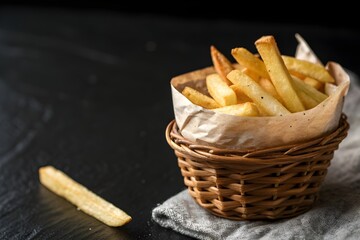 Stack of golden finger fries with ketchup drizzle.