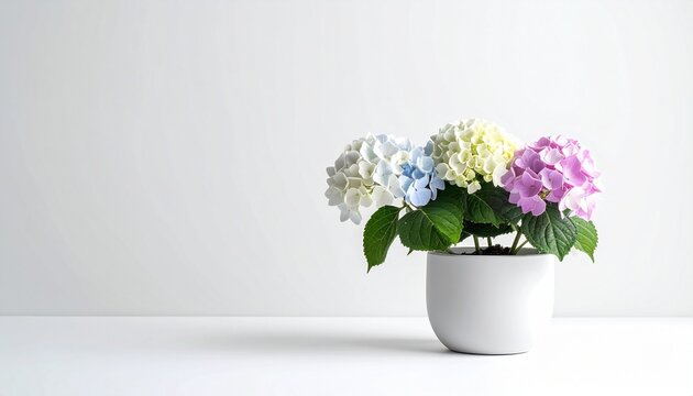 White hydrangea in ceramic pot on minimal background