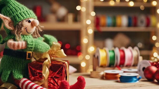 Knitted christmas elf toy unwrapping a shiny red gift with gold ribbon, surrounded by craft supplies and festive lights, holiday craft concept.