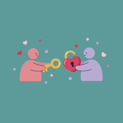 A pink figure offers a golden key to a purple figure holding a heart-shaped lock.