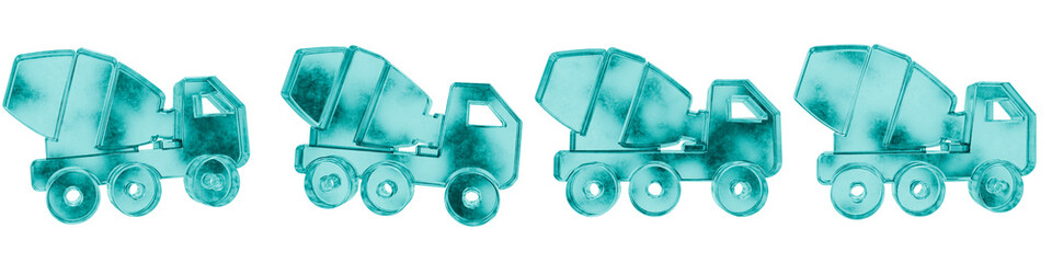Set of four 3D concrete truck shapes in frosted blue ice glass style, isolated on a transparent background. Glassmorphism icons and 3D elements for modern graphic design.
